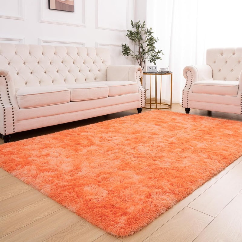 Softlife Orange Area Rug for Living Room, Fluffy Shag Plush 5x8 Rugs for Bedroom Girls Kids, Shaggy Soft Fuzzy Tie Dyed Large Carpet for Dorm Bedside Ultra Cozy Non-Slip Indoor Decor - Image 3